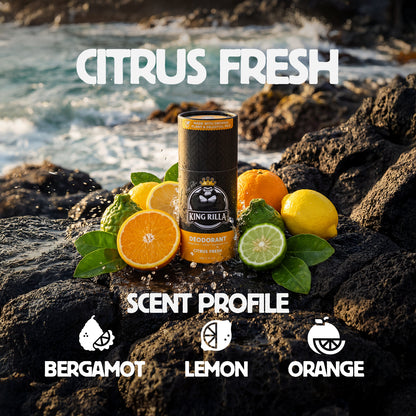 Deodorant can with citrus fruits on a rocky background, labeled 'Citrus Fresh'.