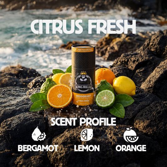 Deodorant can with citrus fruits on a rocky background, labeled 'Citrus Fresh'.