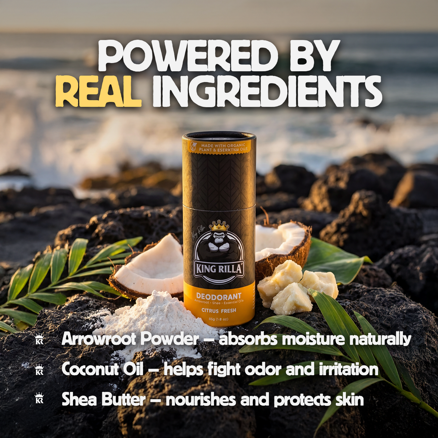 King Rilla deodorant on a rock with natural ingredients and ocean background