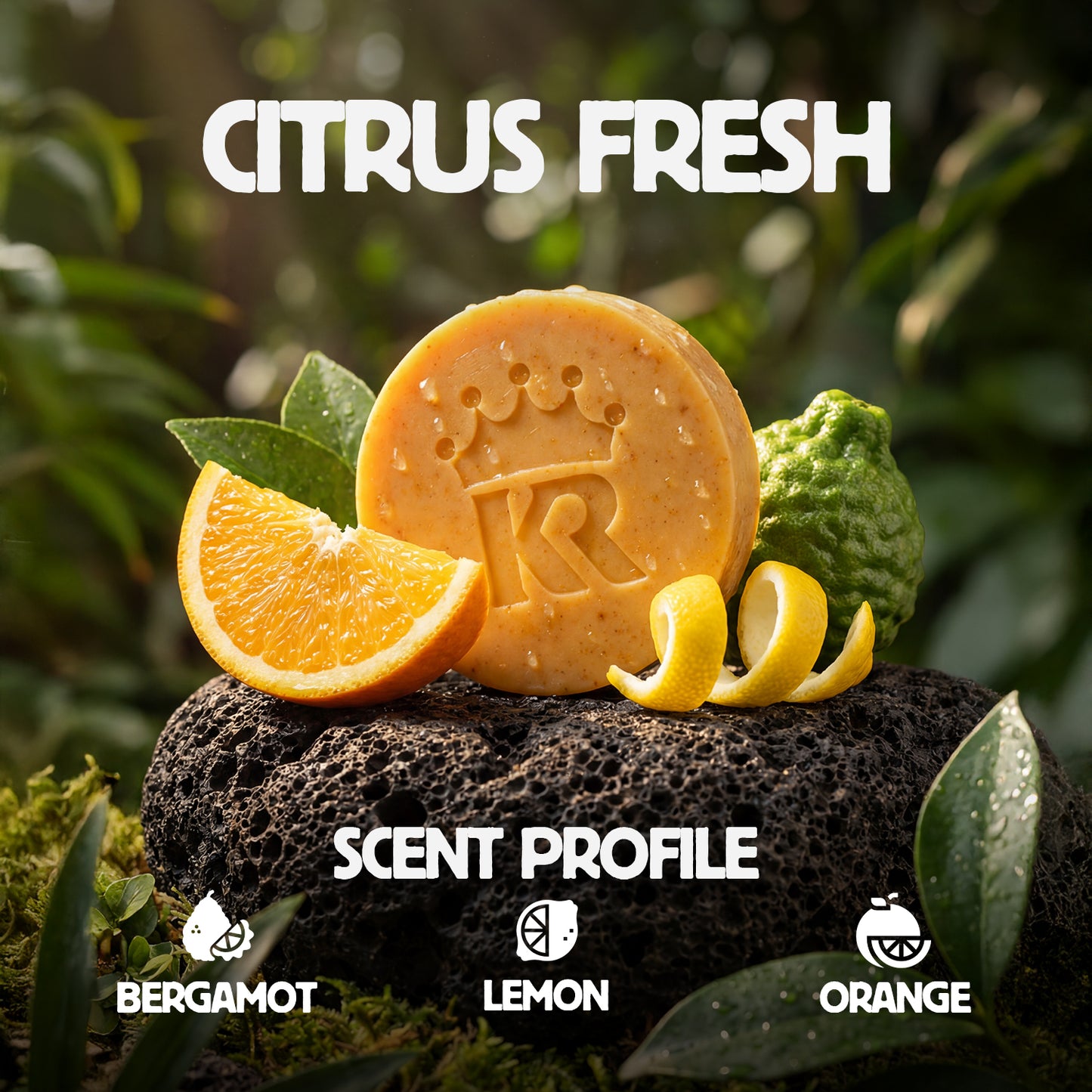 Citrus-themed soap with orange and lemon slices on a natural background, featuring the brand 'TR'.