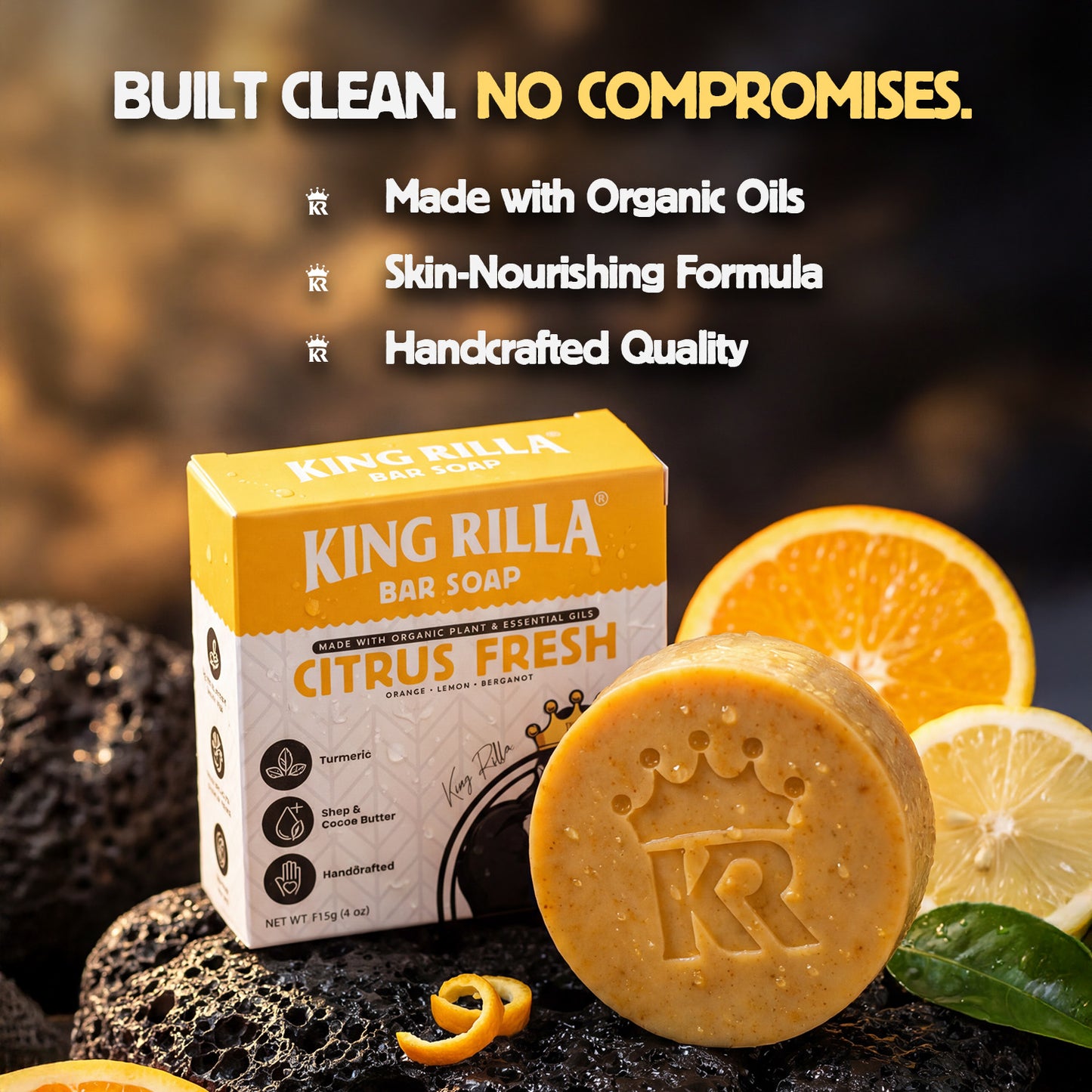 King Rilla Citrus Fresh bar soap with packaging, surrounded by oranges and lemons on a dark background.