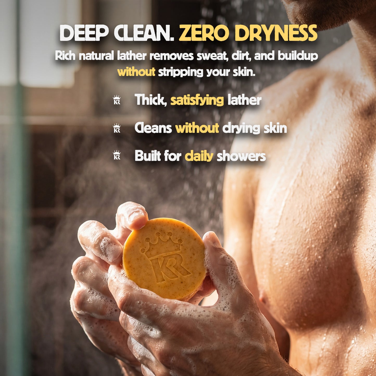 Person holding a bar of soap with text about its benefits