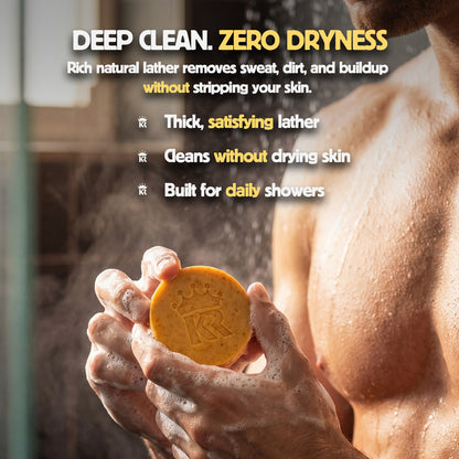 Person holding a bar of soap with text about its benefits