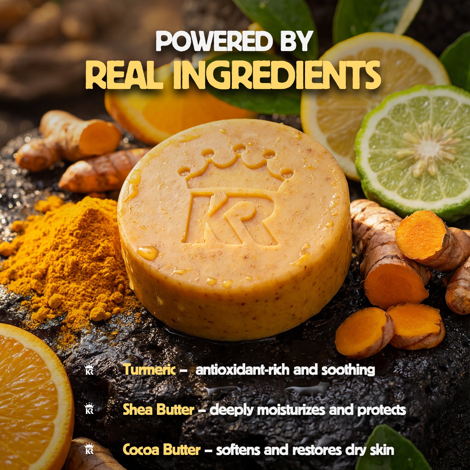 Bar of soap with turmeric, shea butter, and cocoa butter on a dark surface with text about ingredients.