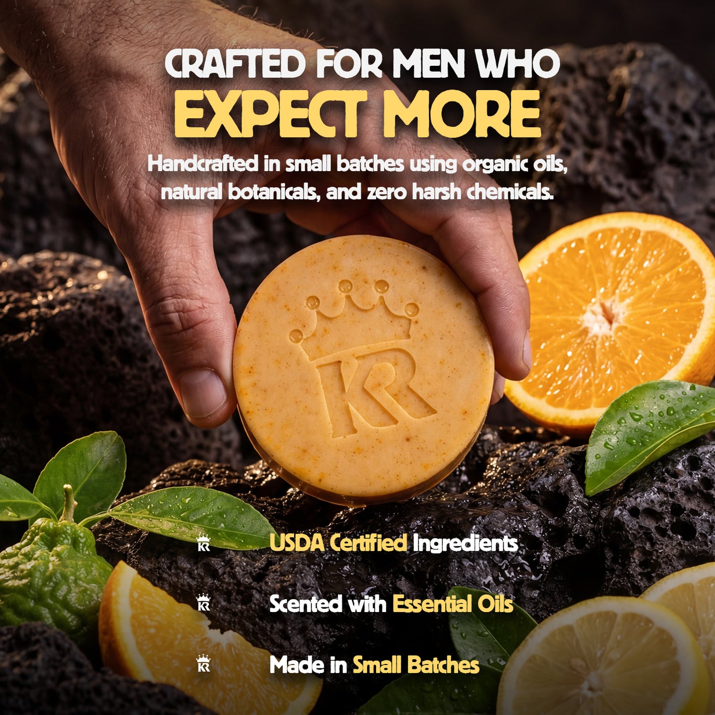 Hand holding a soap bar with text about product features on a natural background with fruits.