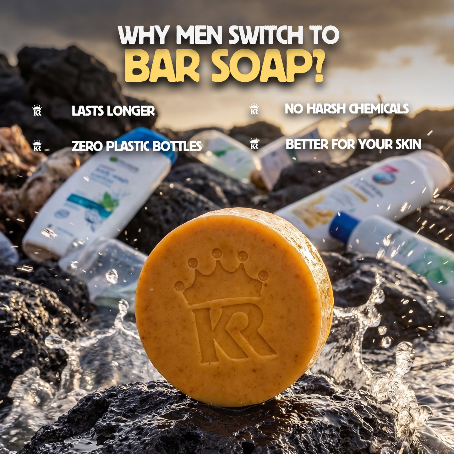 Bar of soap with a brand logo on a rocky surface with plastic bottles in the background, featuring text about switching to bar soap.