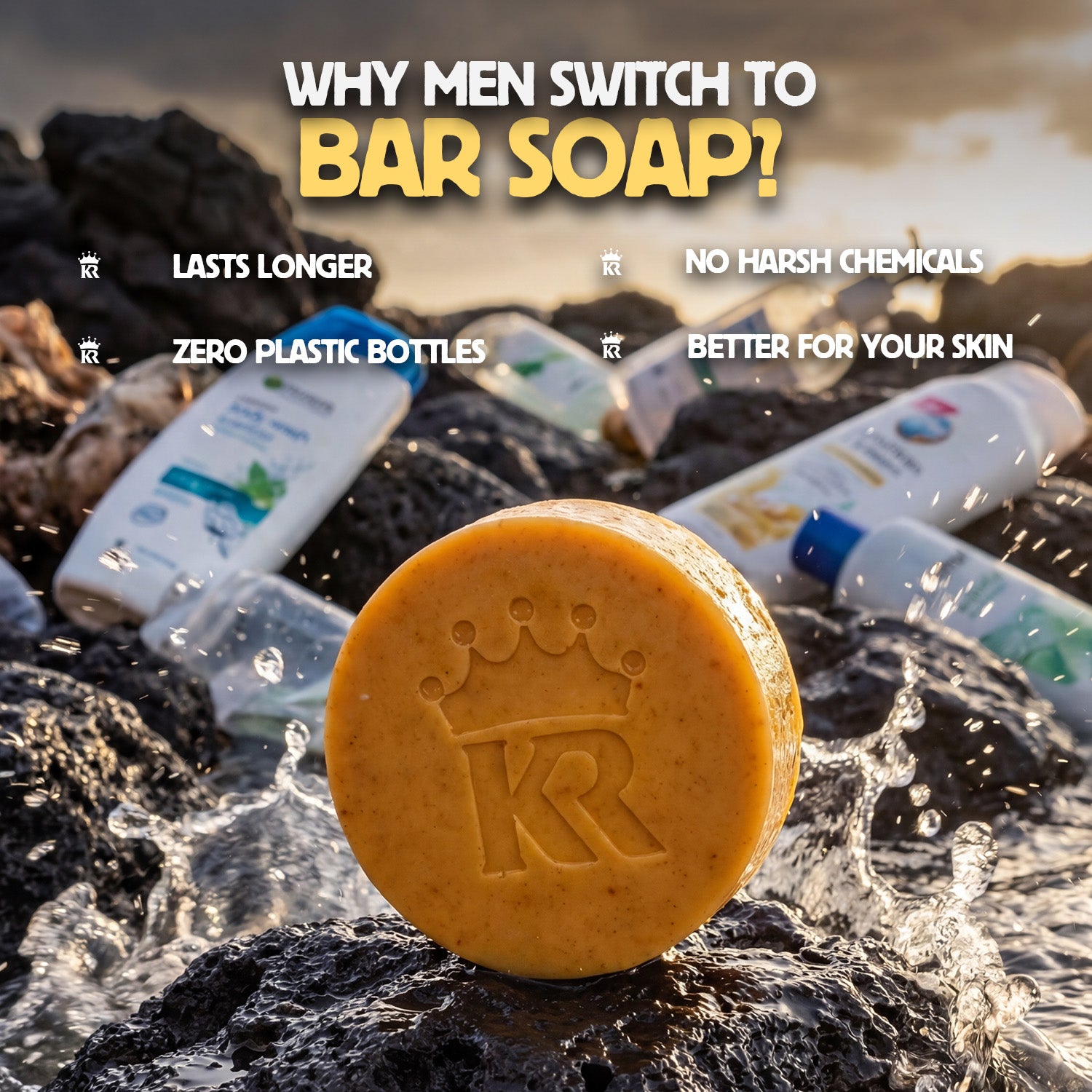 Bar of soap with a brand logo on a rocky surface with plastic bottles in the background, featuring text about switching to bar soap.