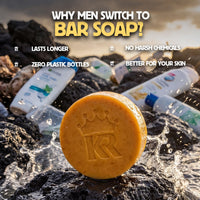 Bar of soap with a brand logo on a rocky surface with plastic bottles in the background, featuring text about switching to bar soap.