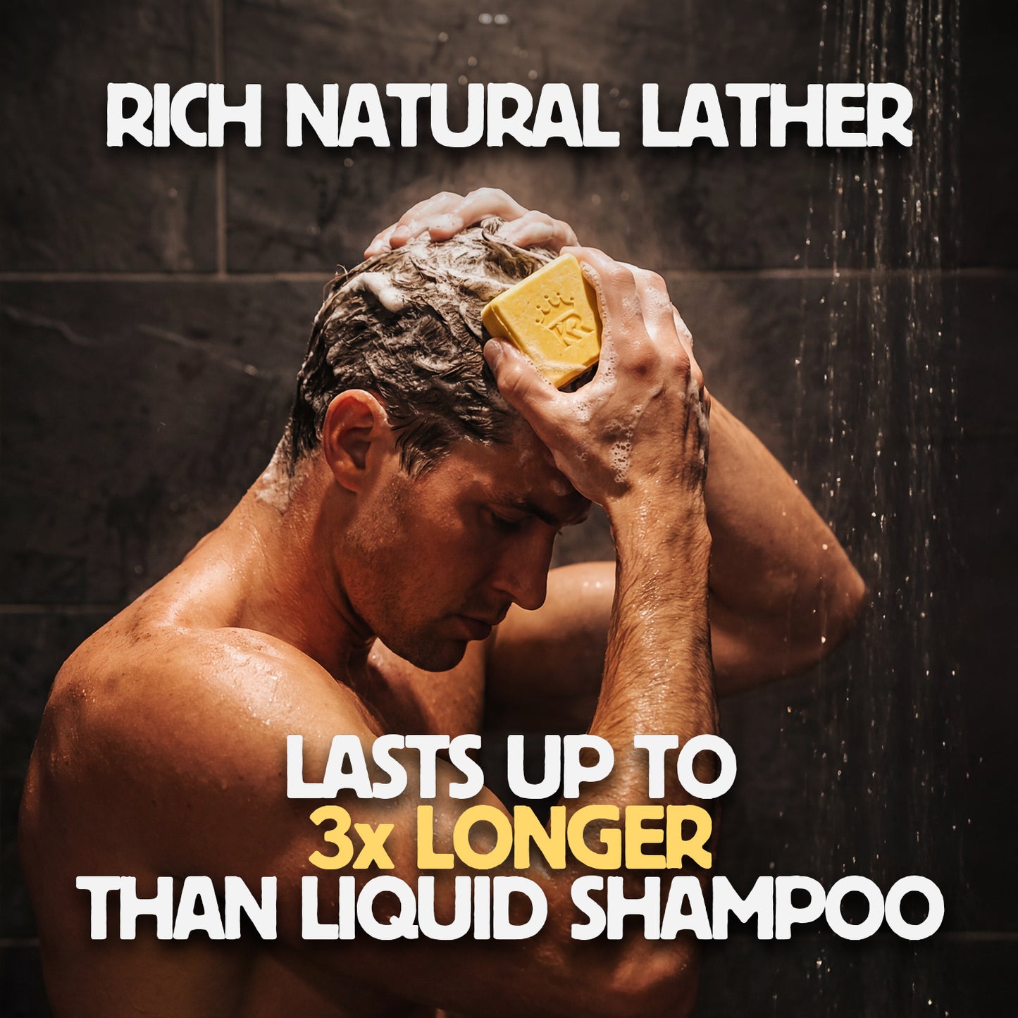 Person using a yellow bar of soap to wash their hair with text about rich natural lather.