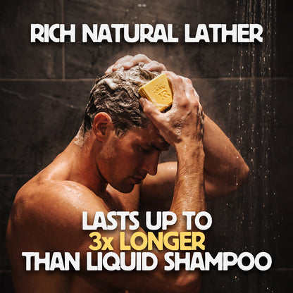 Person using a yellow bar of soap to wash their hair with text about rich natural lather.
