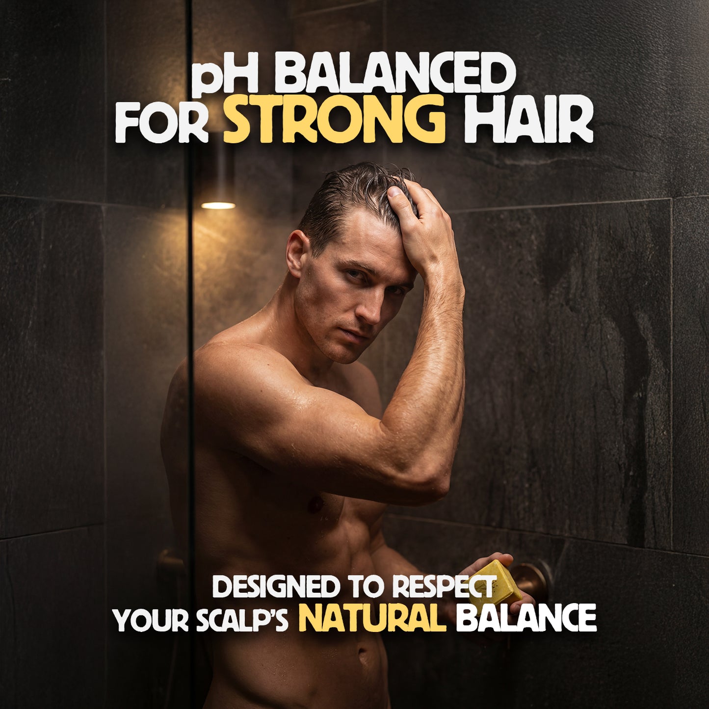 Man with wet hair in a bathroom setting, promoting pH balanced hair care.