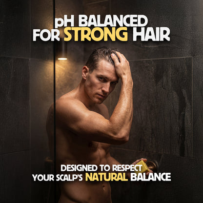 Man with wet hair in a bathroom setting, promoting pH balanced hair care.
