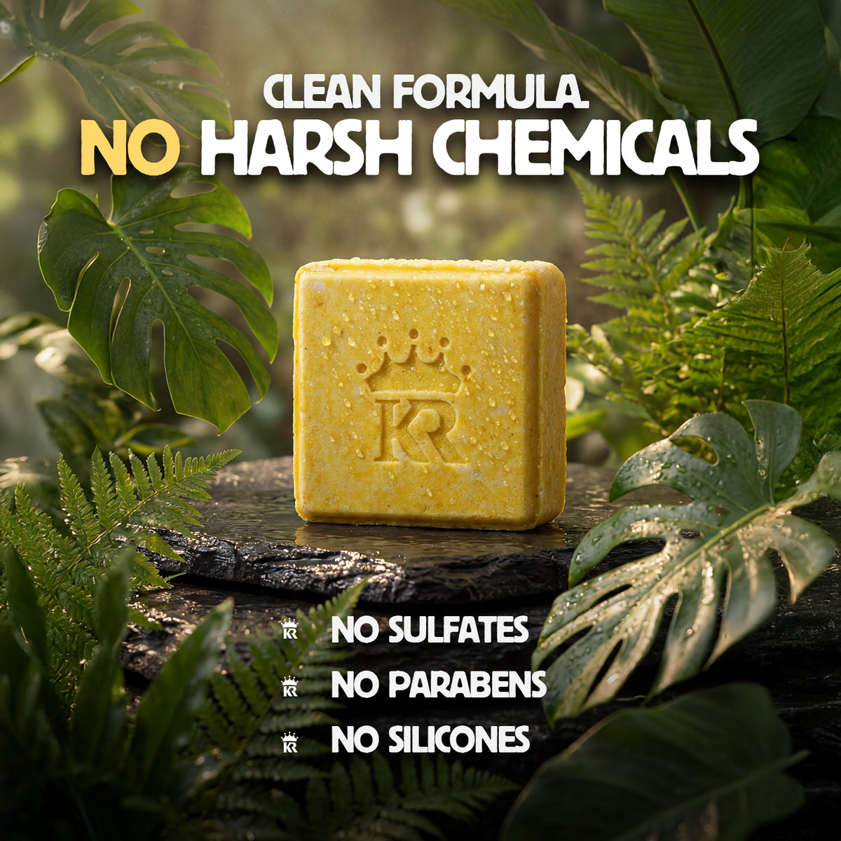 Yellow bar of soap on a wooden surface with green leaves in the background, featuring text about clean formula and ingredient claims.