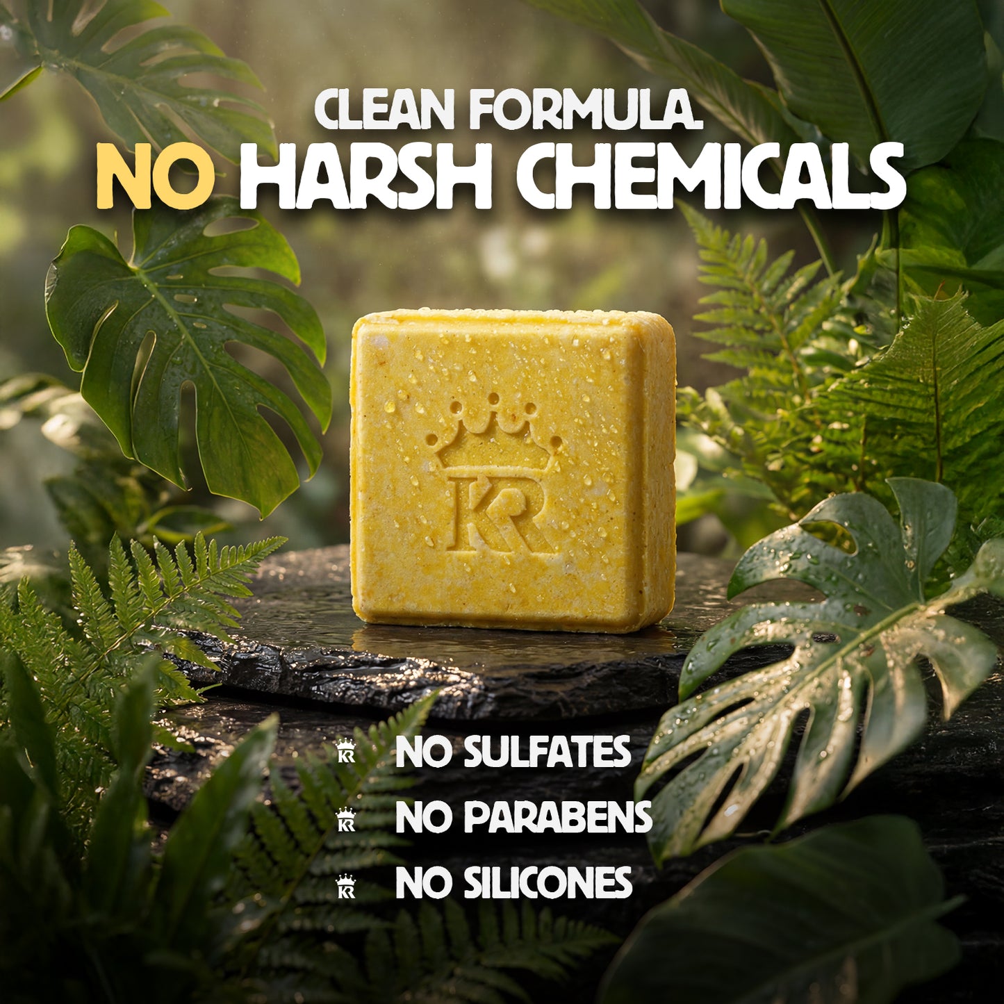 Yellow bar of soap on a wooden surface with green leaves in the background, featuring text about clean formula and ingredient claims.