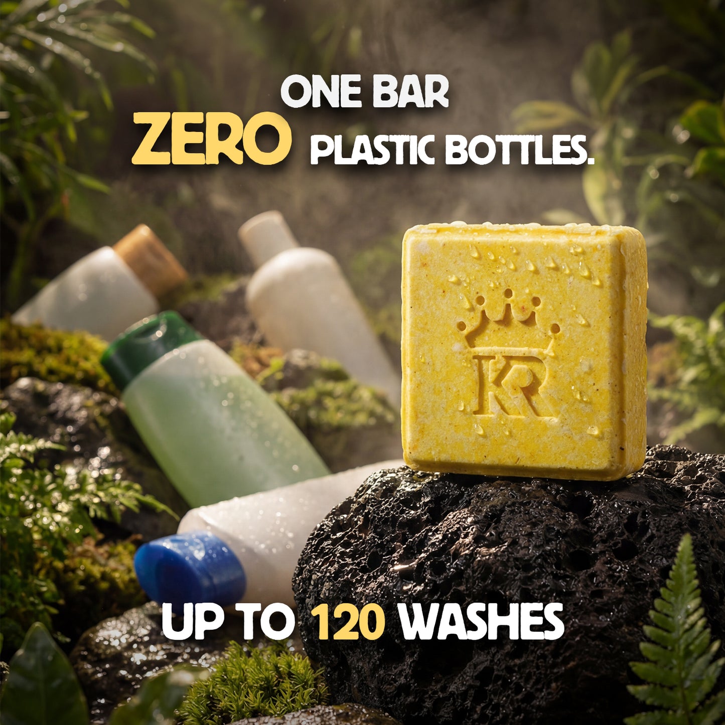 Yellow bar of soap on a rock with plastic bottles in the background, emphasizing zero plastic bottles.