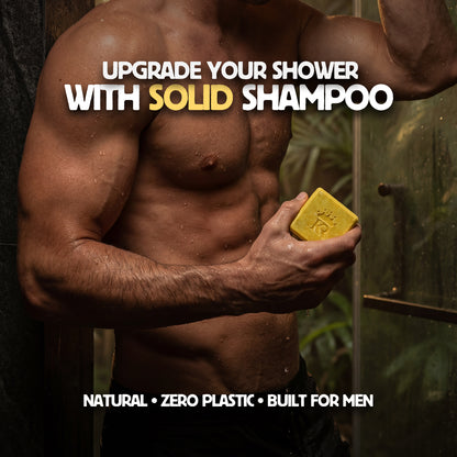 Man holding a bar of solid shampoo with promotional text in a shower setting