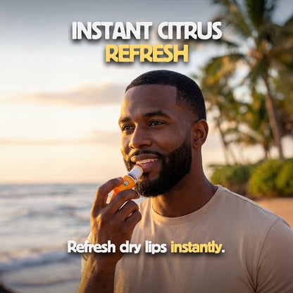 Man applying lip balm with text 'Instant Citrus Refresh' and 'Refresh dry lips instantly.' on a beach.