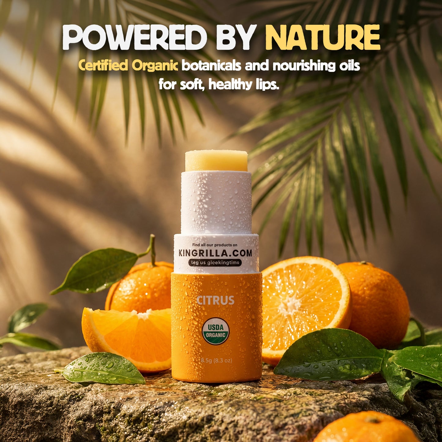 Lip balm and bottle with oranges and leaves on a stone surface, labeled 'Powered by Nature'.
