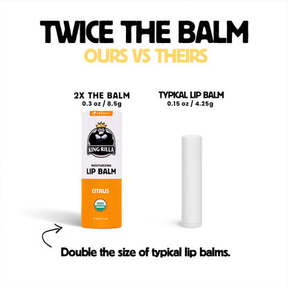 Comparison of King Rilla lip balm with a typical lip balm showing size difference.