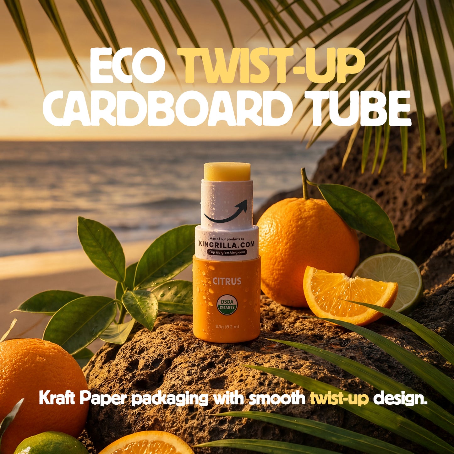 Sunscreen bottle with oranges and text about eco-friendly cardboard tube packaging on a beach background