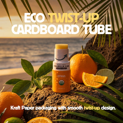 Sunscreen bottle with oranges and text about eco-friendly cardboard tube packaging on a beach background