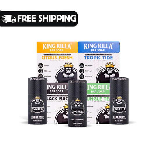 King Rilla bar soap and deodorant packaging with free shipping label.