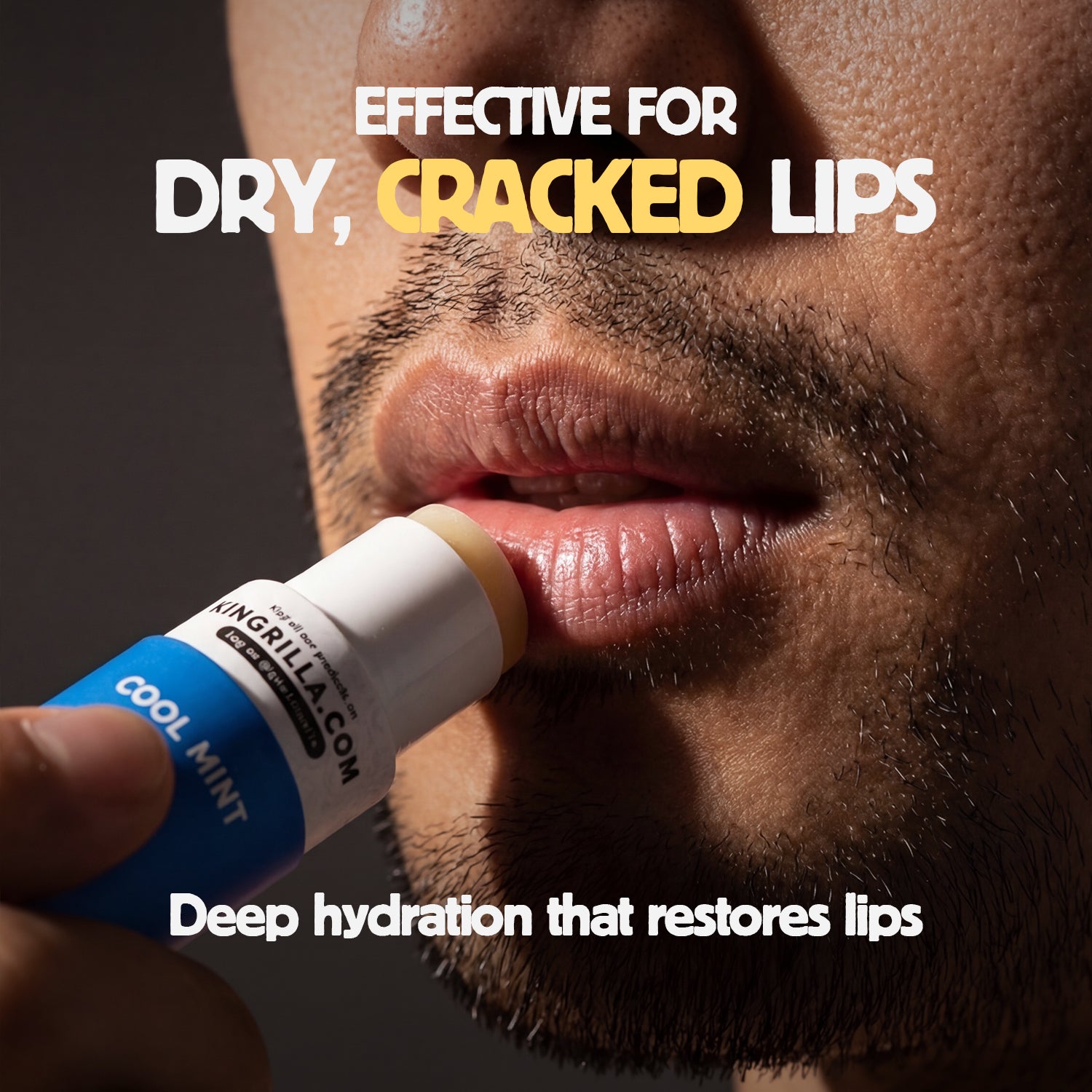 Lip balm being applied to lips with text about effectiveness for dry, cracked lips.