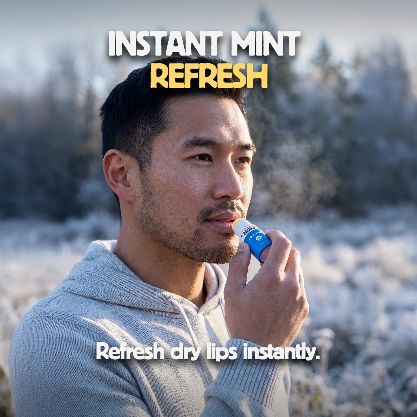 Man using lip balm in a snowy landscape with text 'Instant Mint Refresh'.