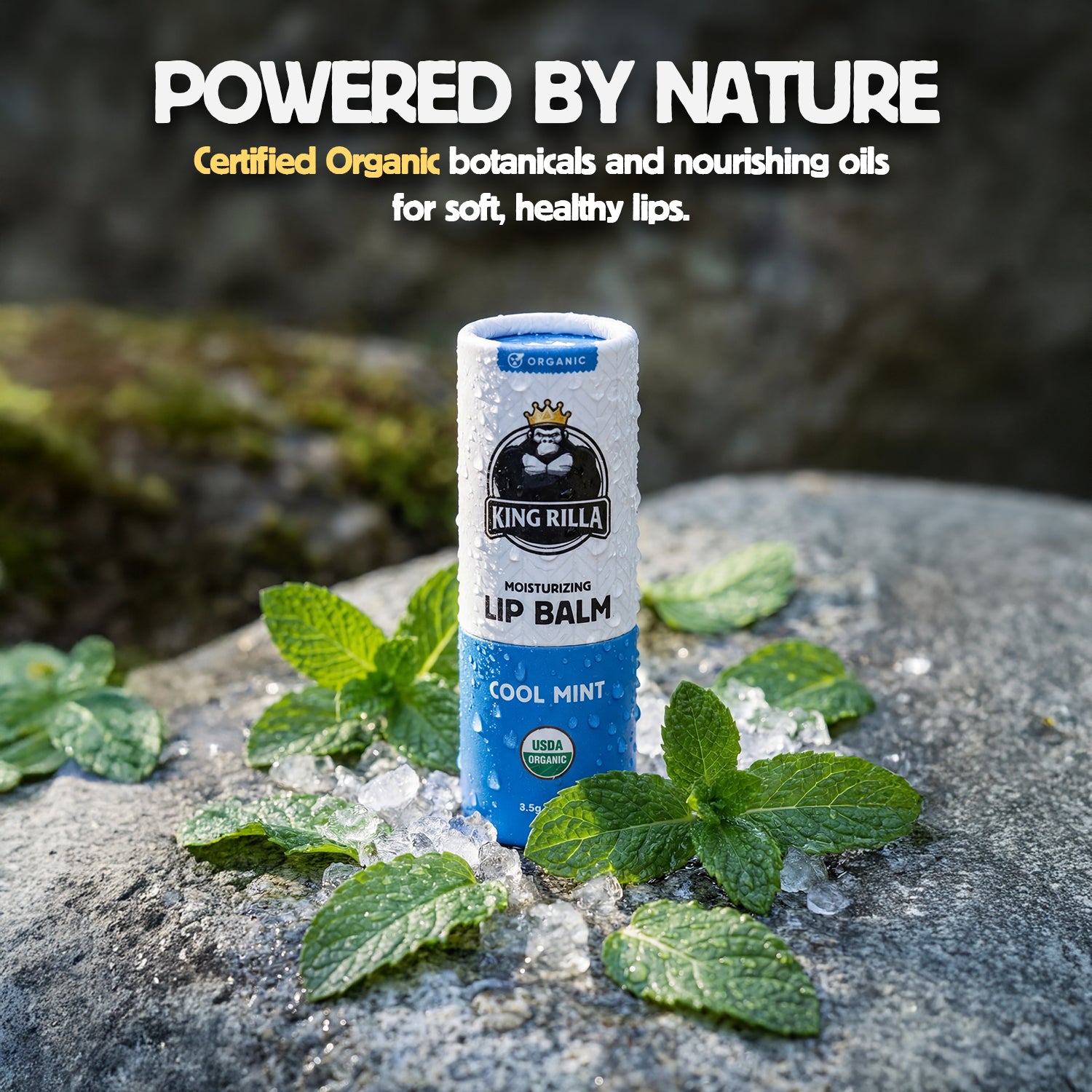 Lip balm with cooling effect on a stone surface with mint leaves