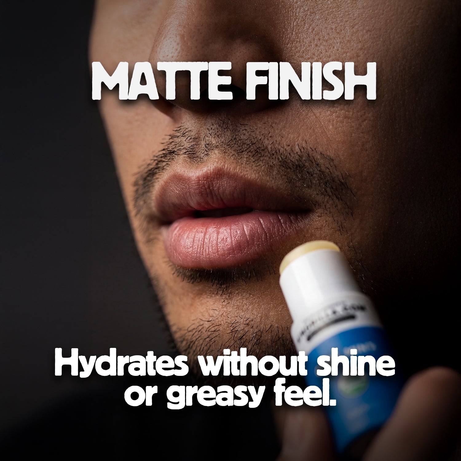 Lip balm with text about matte finish and hydrating properties on a dark background
