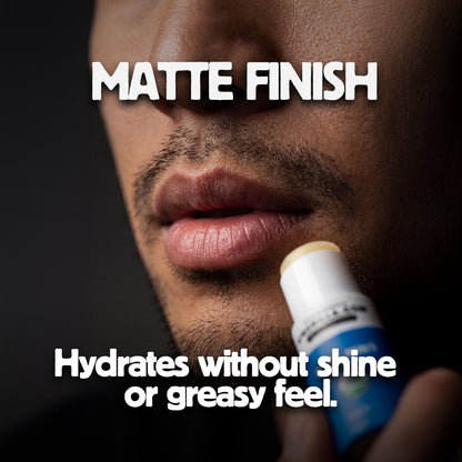 Lip balm with text about matte finish and hydrating properties on a dark background