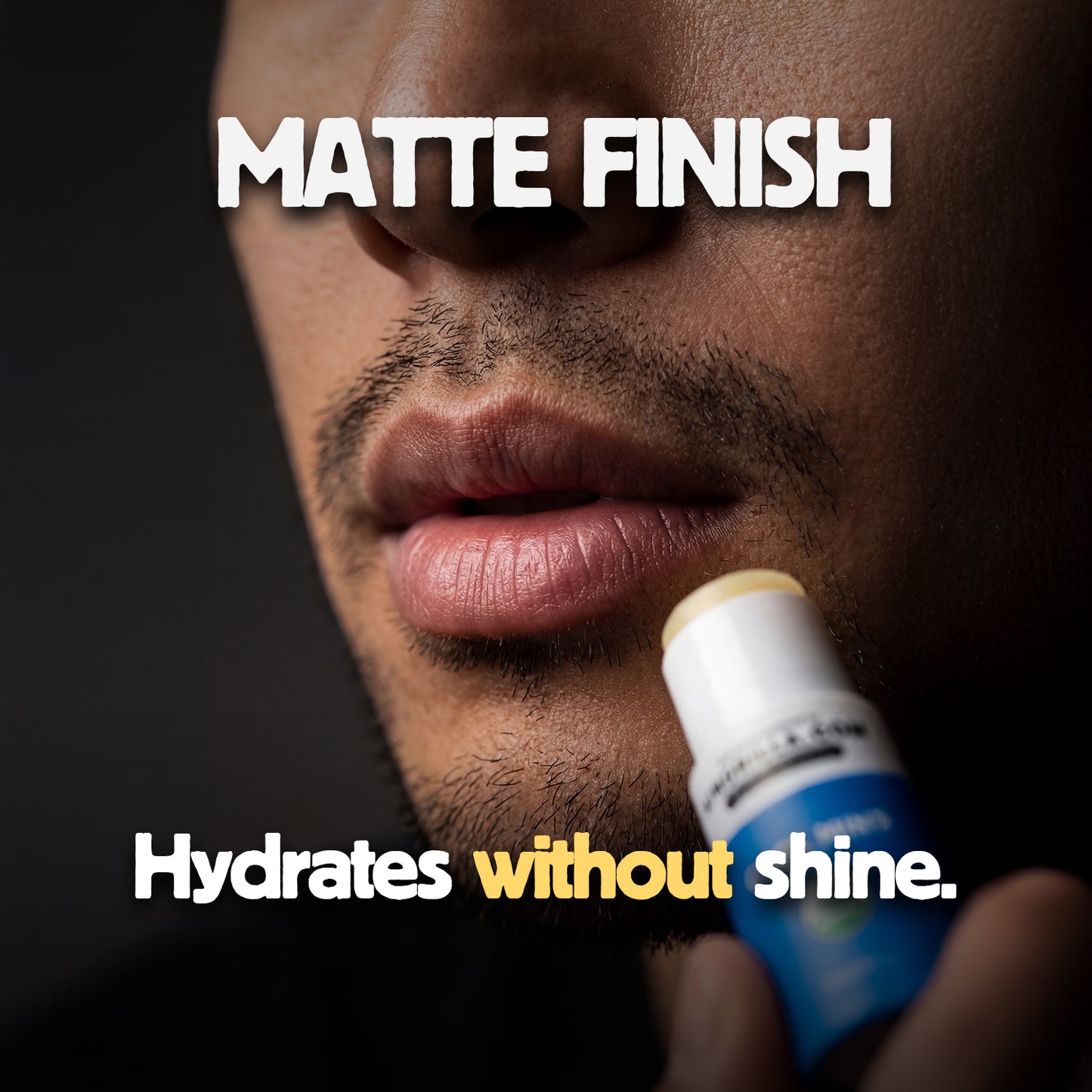 Lip balm with text 'Matte Finish Hydrates without shine' on a dark background