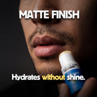 Lip balm with text 'Matte Finish Hydrates without shine' on a dark background