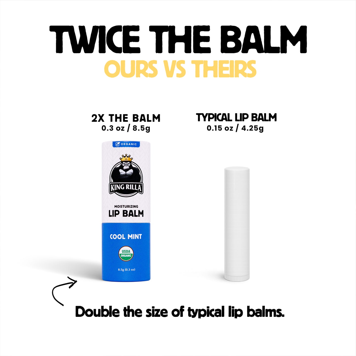Comparison of King Billy lip balm size to typical lip balm on a white background