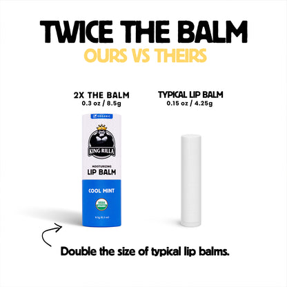 Comparison of King Billy lip balm size to typical lip balm on a white background