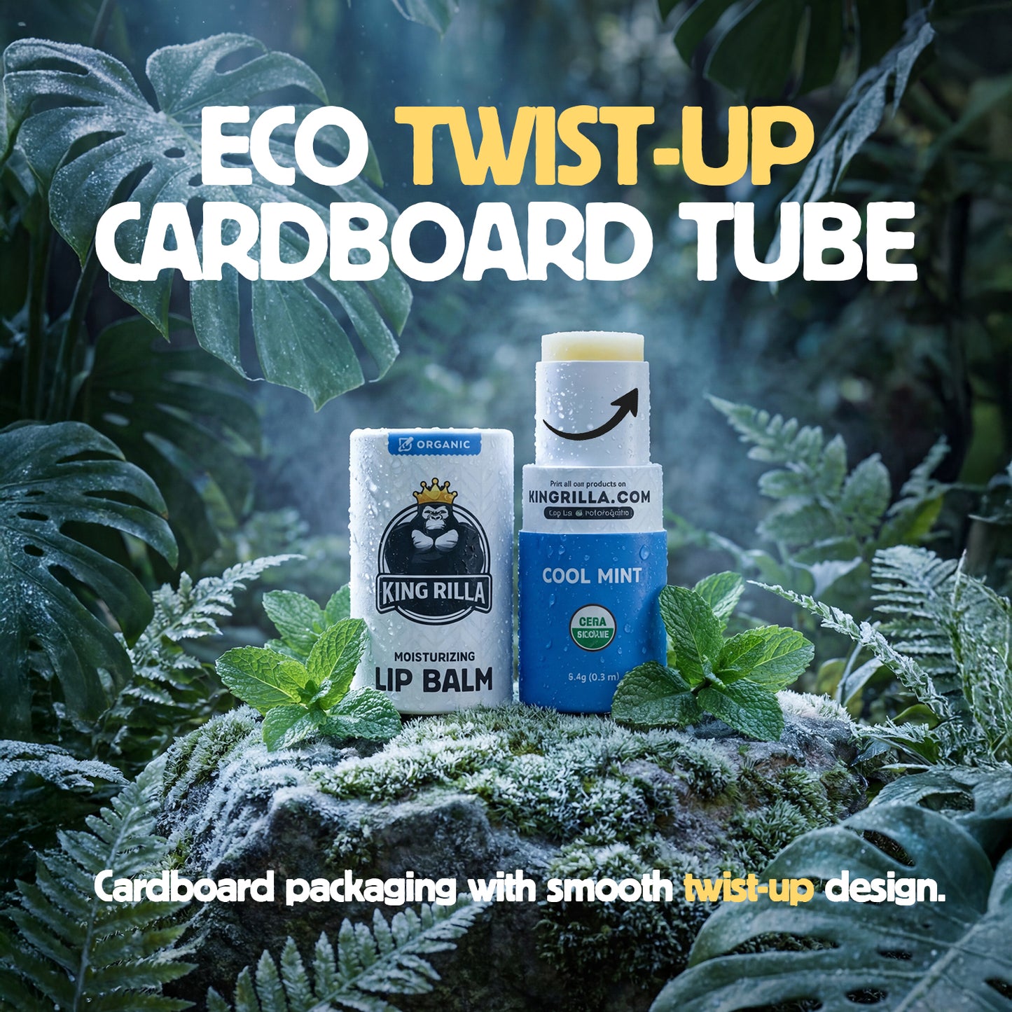 Two lip balm products on a rock with green foliage in the background, promoting eco-friendly cardboard tube packaging.