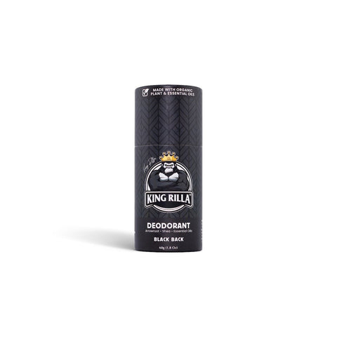 Black deodorant stick with 'King Rilla' branding on a white background
