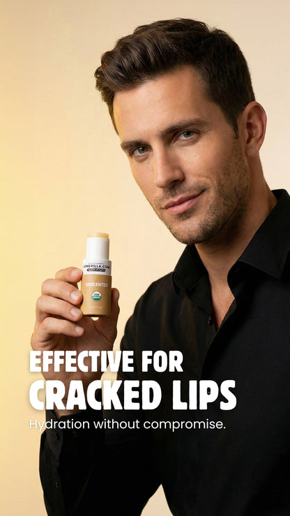 Man holding a lip balm with text 'Effective for cracked lips' on a beige background