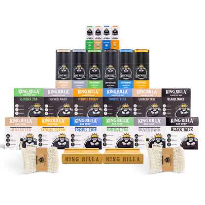 Collection of King Rilla products including bars of soap and deodorant on a white background