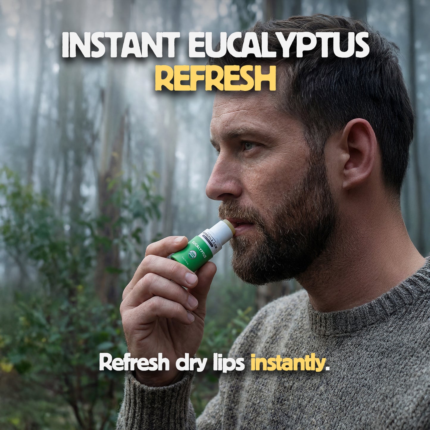 Man using a lip balm with text 'Instant Eucalyptus Refresh' in a forest setting.
