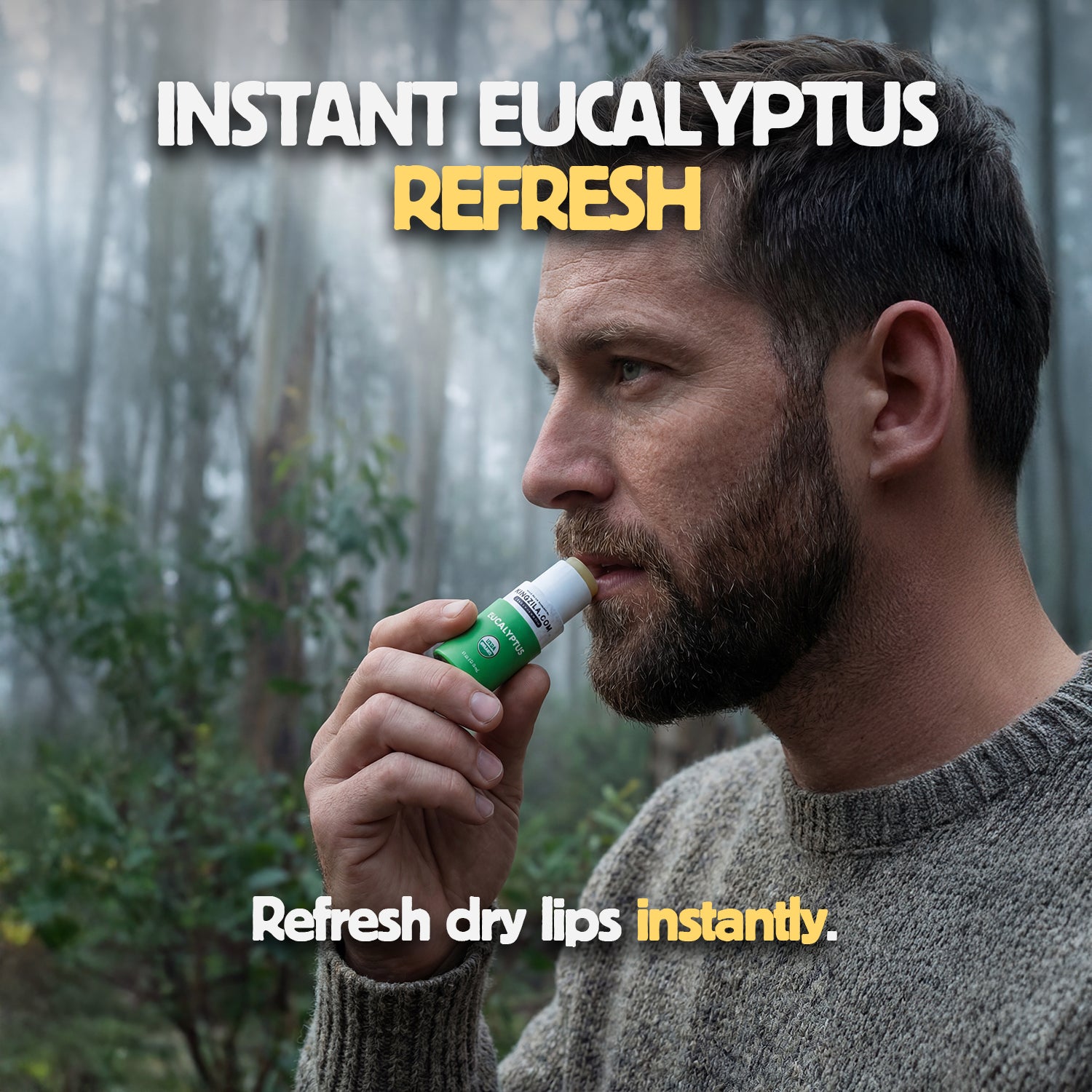Man using a lip balm with text 'Instant Eucalyptus Refresh' in a forest setting.