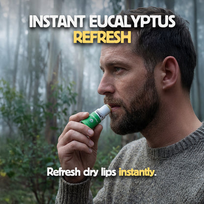 Man using a lip balm with text 'Instant Eucalyptus Refresh' in a forest setting.