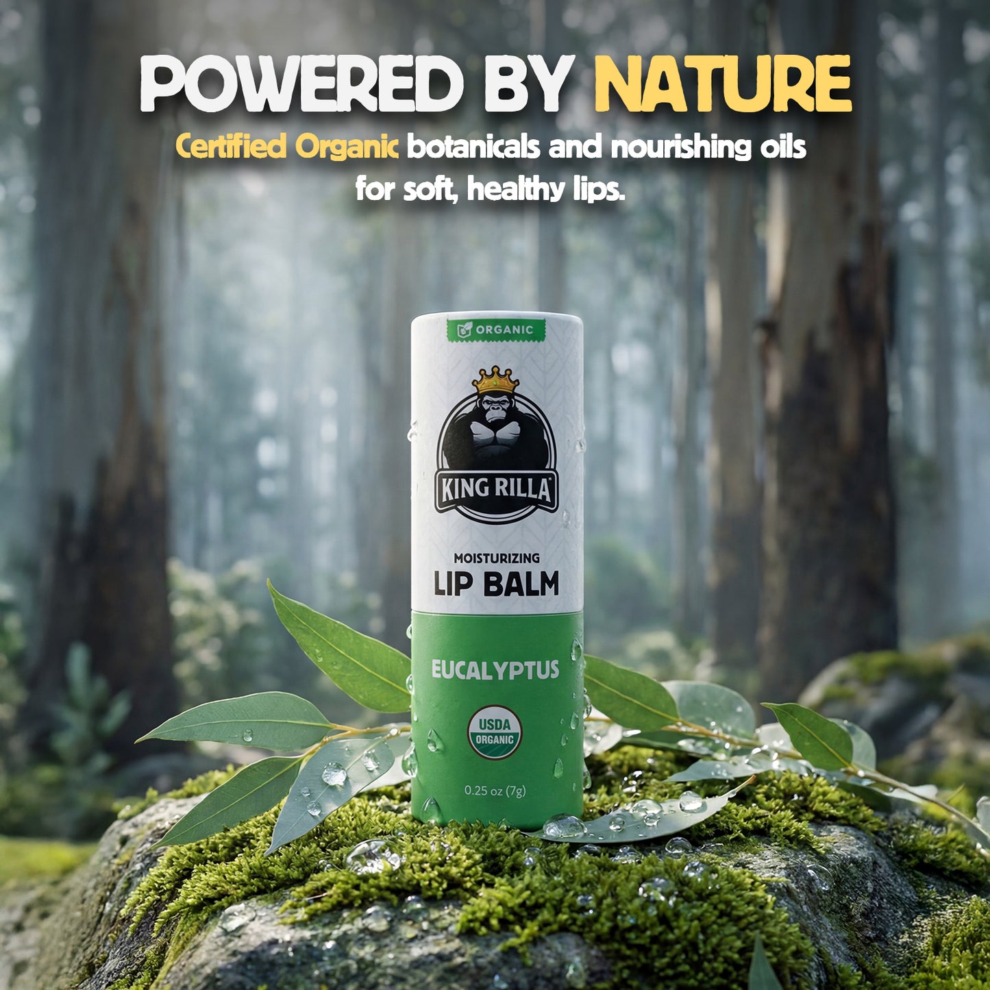 Lip balm on a rock with a forest background and 'Powered by Nature' text.