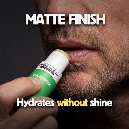 Man applying a lip balm with text about a matte finish and hydrating without shine.