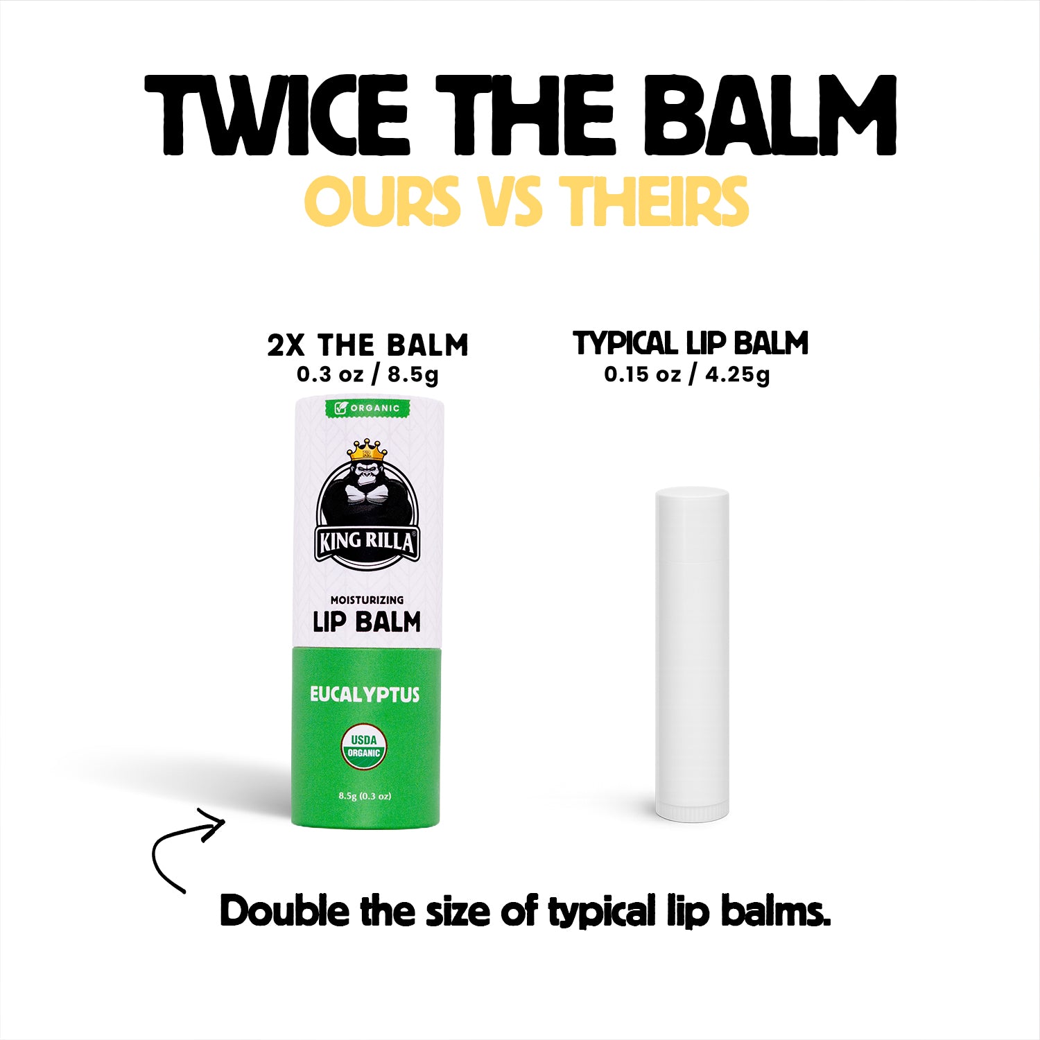 Comparison of King Rilla lip balm with a typical lip balm showing size difference.