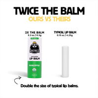 Comparison of King Rilla lip balm with a typical lip balm showing size difference.