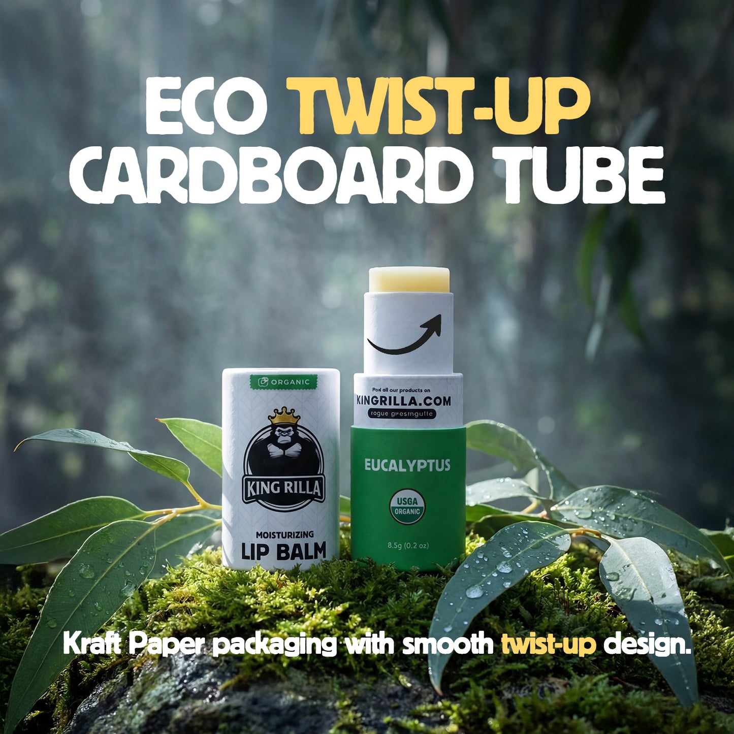 Lip balm packaging with 'King Rilla' branding on a natural background