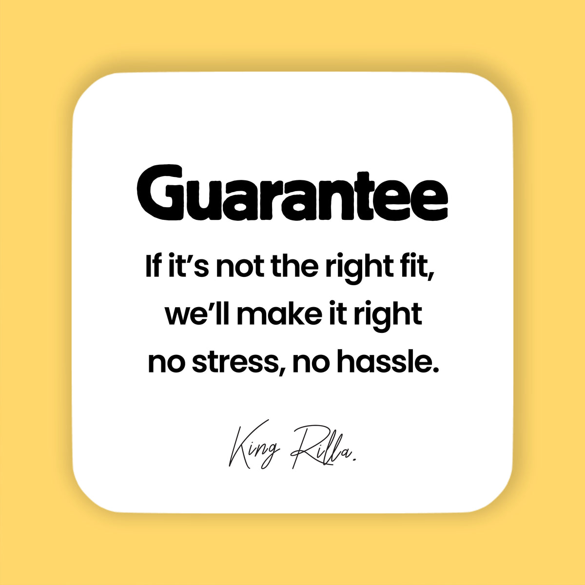 Guarantee statement on a yellow background with white text box.