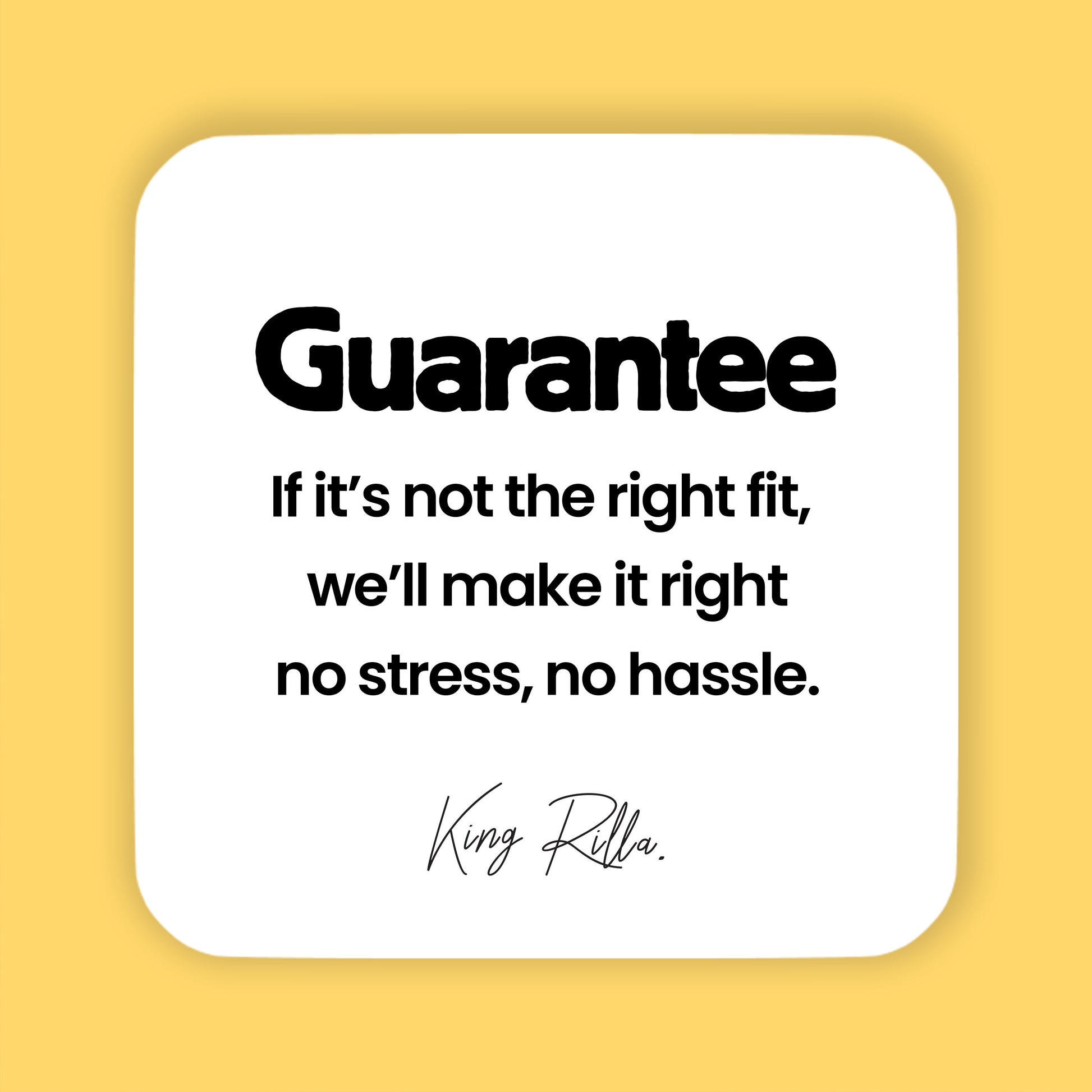 Guarantee statement on a yellow background with white text box.