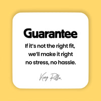 Guarantee statement on a yellow background with white text box.
